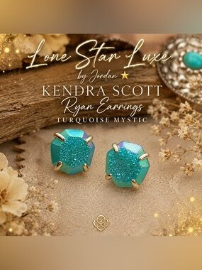 Kendra Scott Ryan Stud Earrings Turquoise Mystic Druzy Gold HTF Sparkle